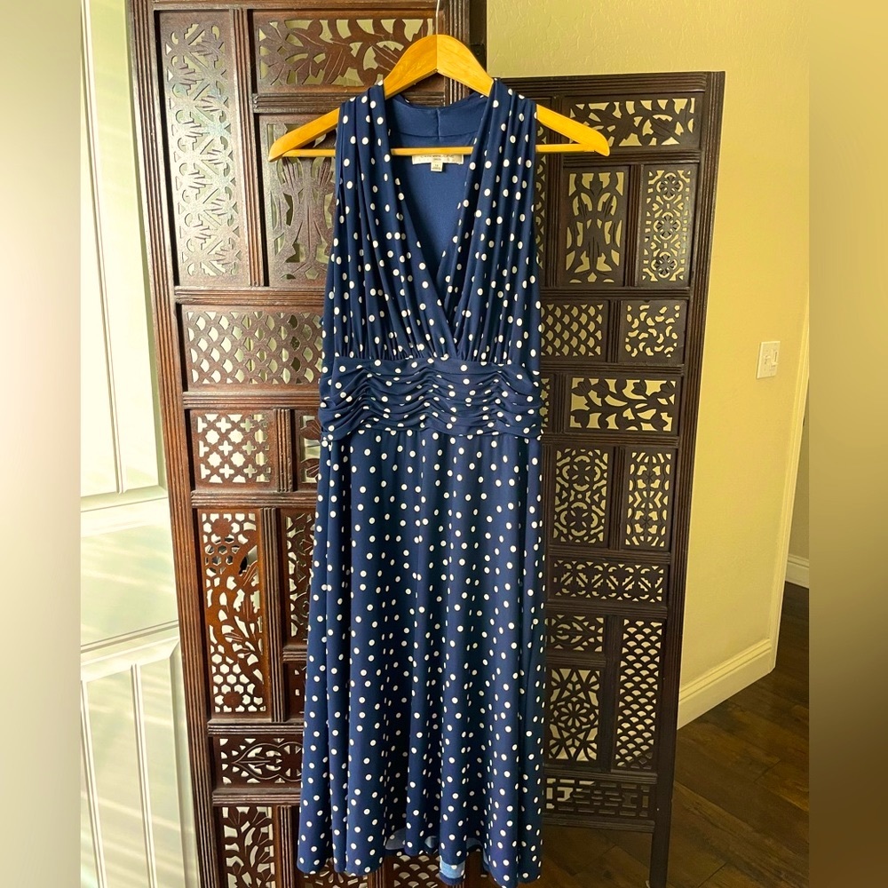 Halter neckline dark blue polka dot midi summer dress